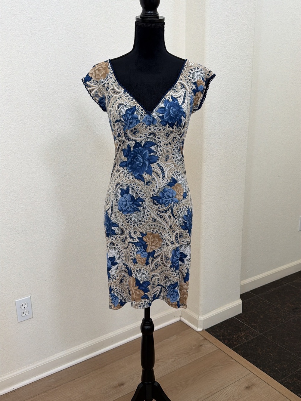 Vintage 90s Blue Floral Paisley Mini Dress Small